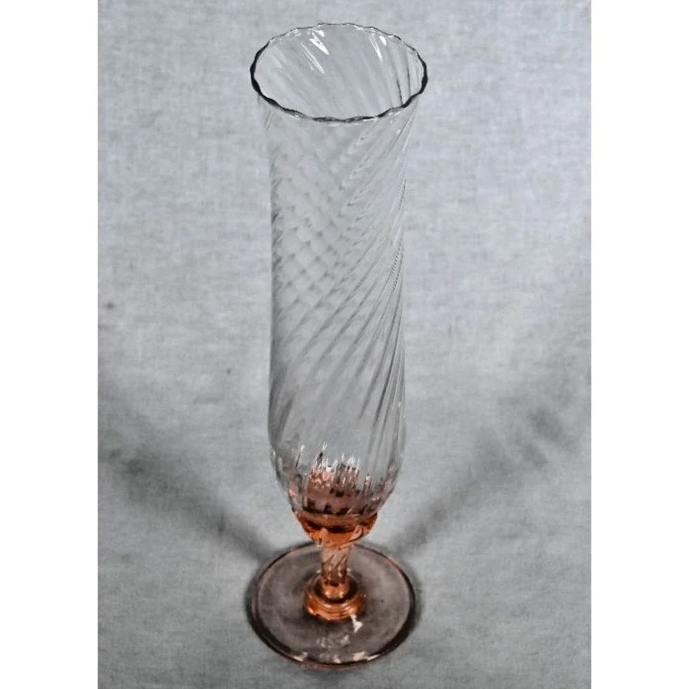 Vintage Pink Translucent Footed Glass Swirl Vase 10